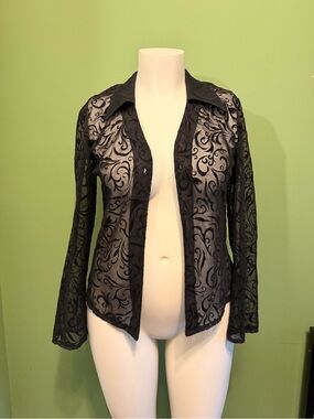 Vintage EVITA Sheer Black Lace SLIT Front Women's Top velour burnout Size M